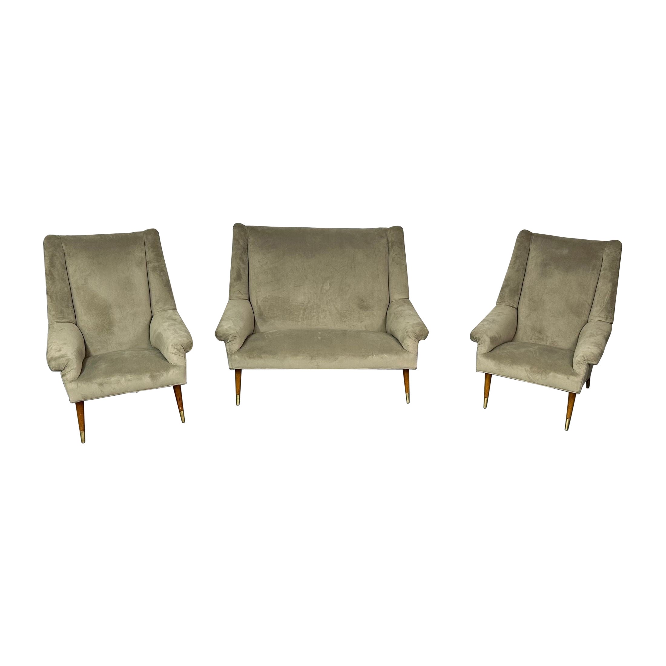 Gio Ponti Style, Mid-Century Modern, Sofa, Lounge Chairs, Grey Velvet, Italy For Sale