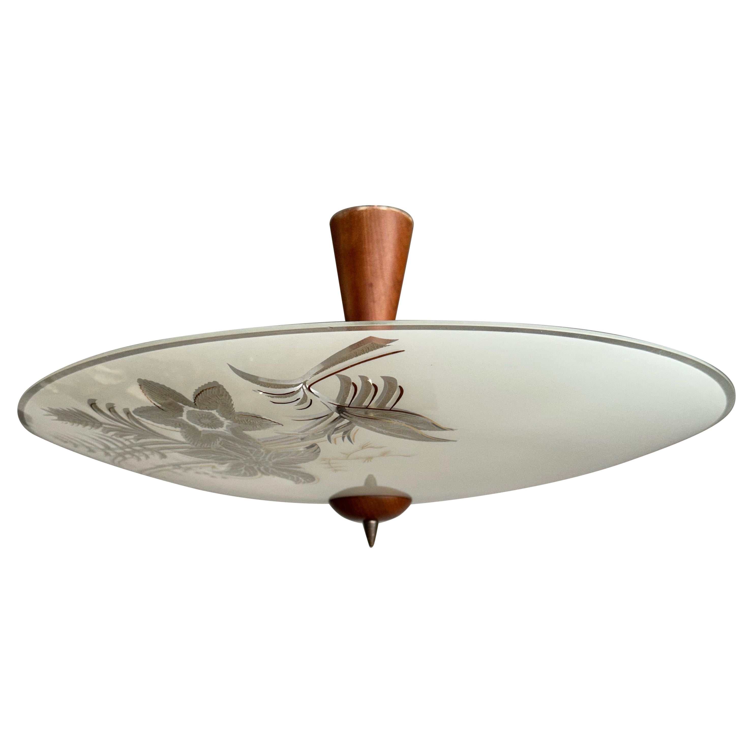 Midcentury Modern Round Shape Glass Flush Mount / Ceiling Fixture with Teak Wood For Sale