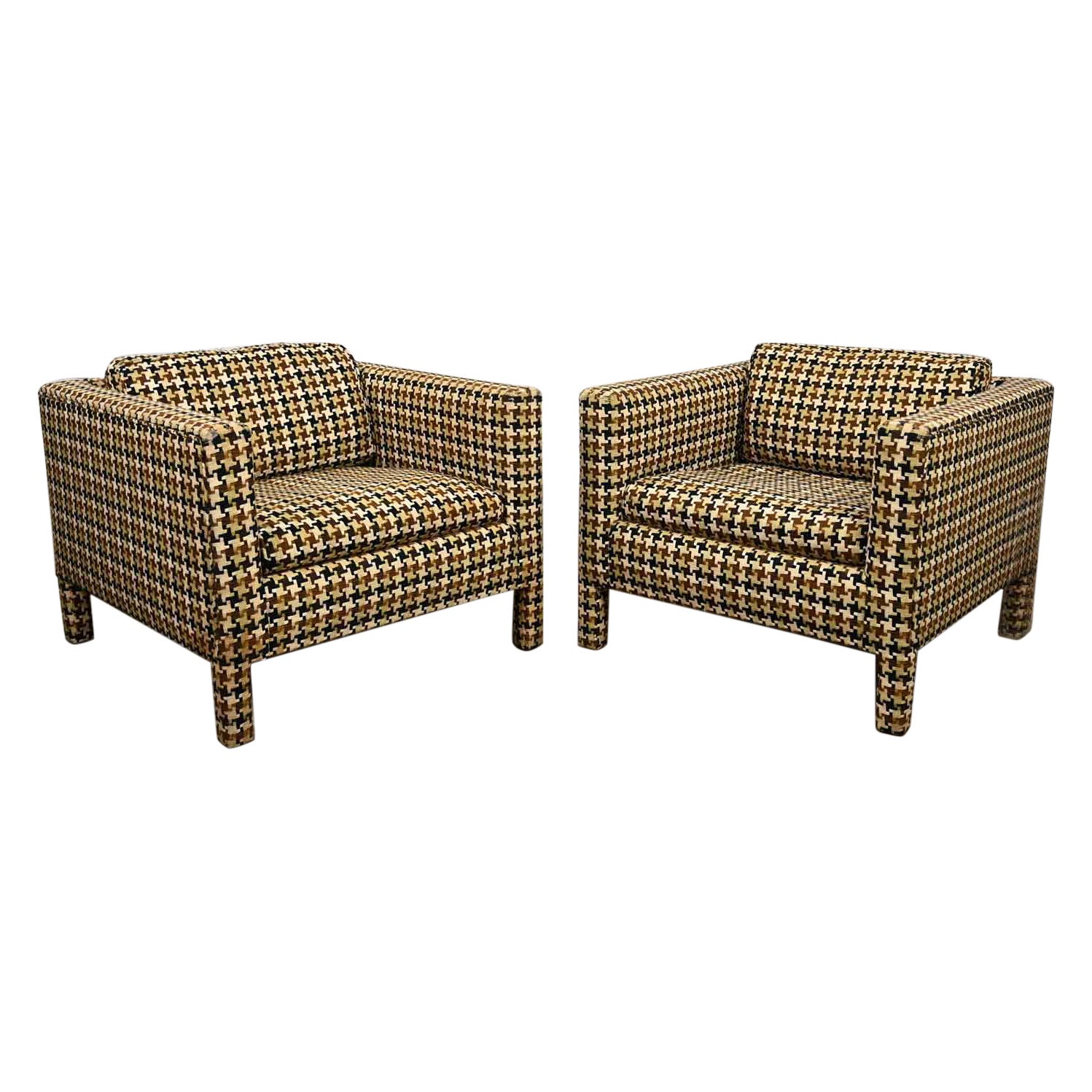 Pair Mid-Century Modern - Modern Parson’s Cube Club Chairs Houndstooth Fabric