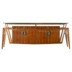 20th Century Italian Walnut, Ceramic Sideboard, Veneered Maple Console Table