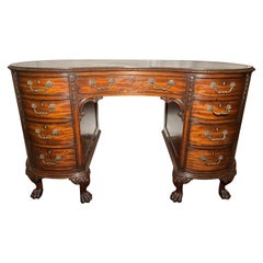 Antique English Chippendale Mahogany Kidney Shaped Leather-Top Desk, Circa 1880