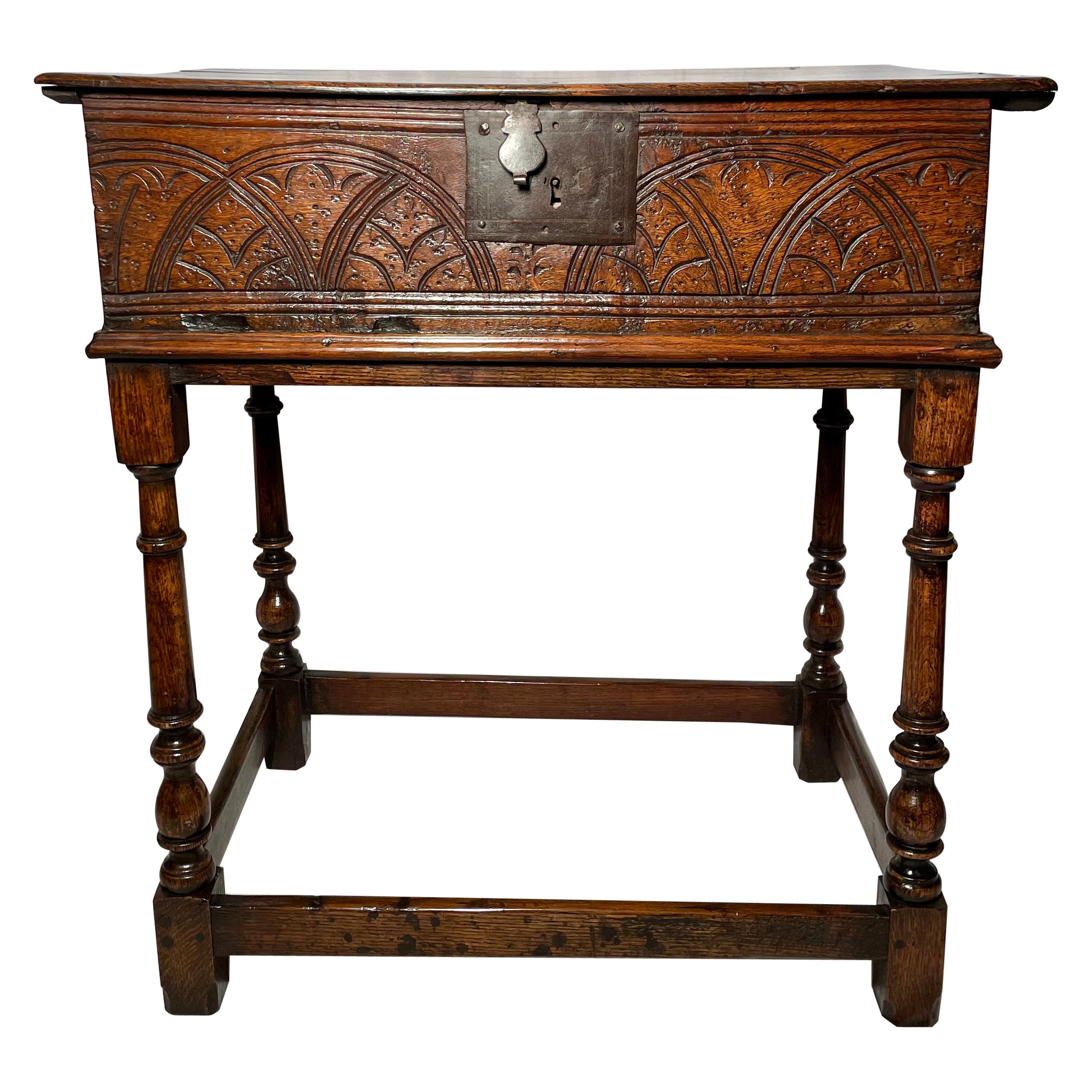 Antique English Hand-Carved Oak Table with Interior Compartment, Circa 1840