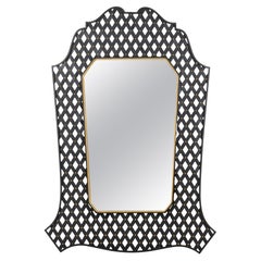 Mid-Century Wall Mirror with Black Metal Lattice Frame and Gilt Detailing