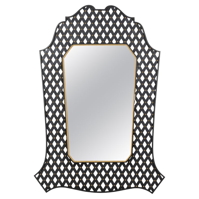 MidCentury Wall Mirror with Black Metal Lattice Frame and Gilt Detailing For Sale at 1stDibs