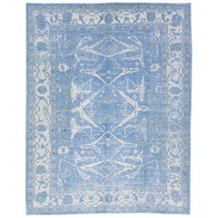 Blue Modern Turkish Oushak Handmade Wool Rug with White Geometric Motif