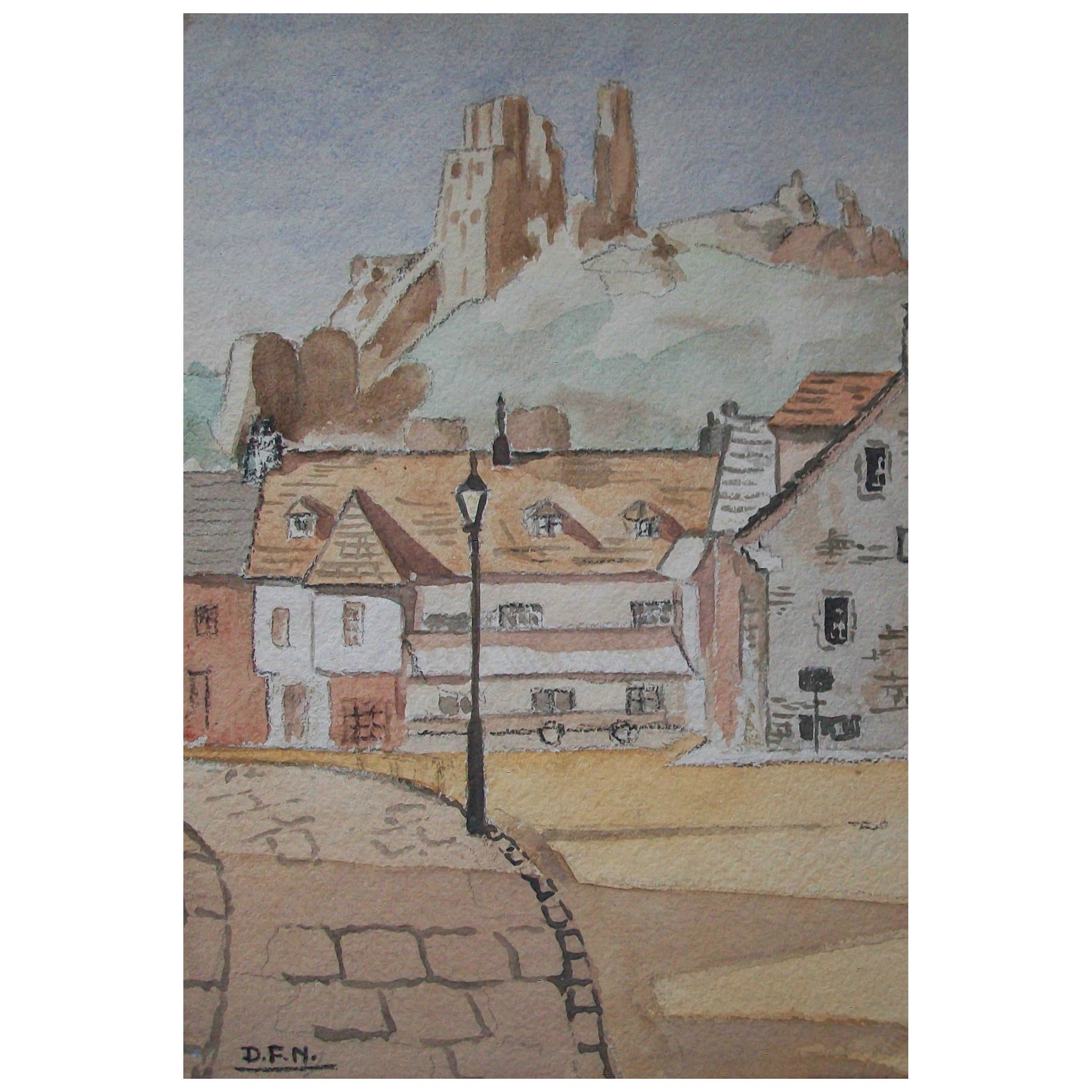 'Corfe Castle, Dorset', Vintage Watercolor Painting, U.K., 20th Century For Sale