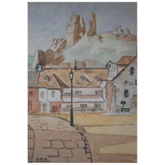 « Corfe Castle, Dorset », peinture à l'aquarelle vintage, Royaume-Uni, XXe siècle