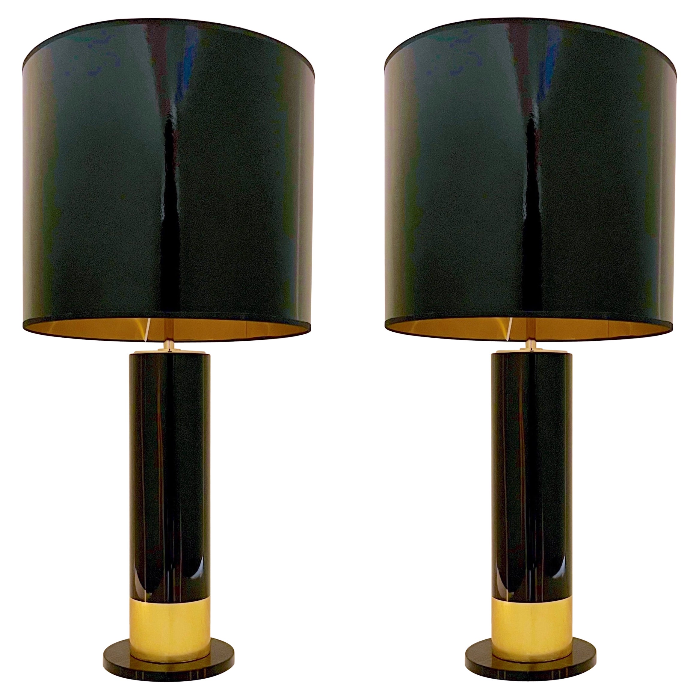 Spanish Art Deco Design Pair of Black Brown Veneer & Gold Leaf Cylindrical Lamps For Sale
