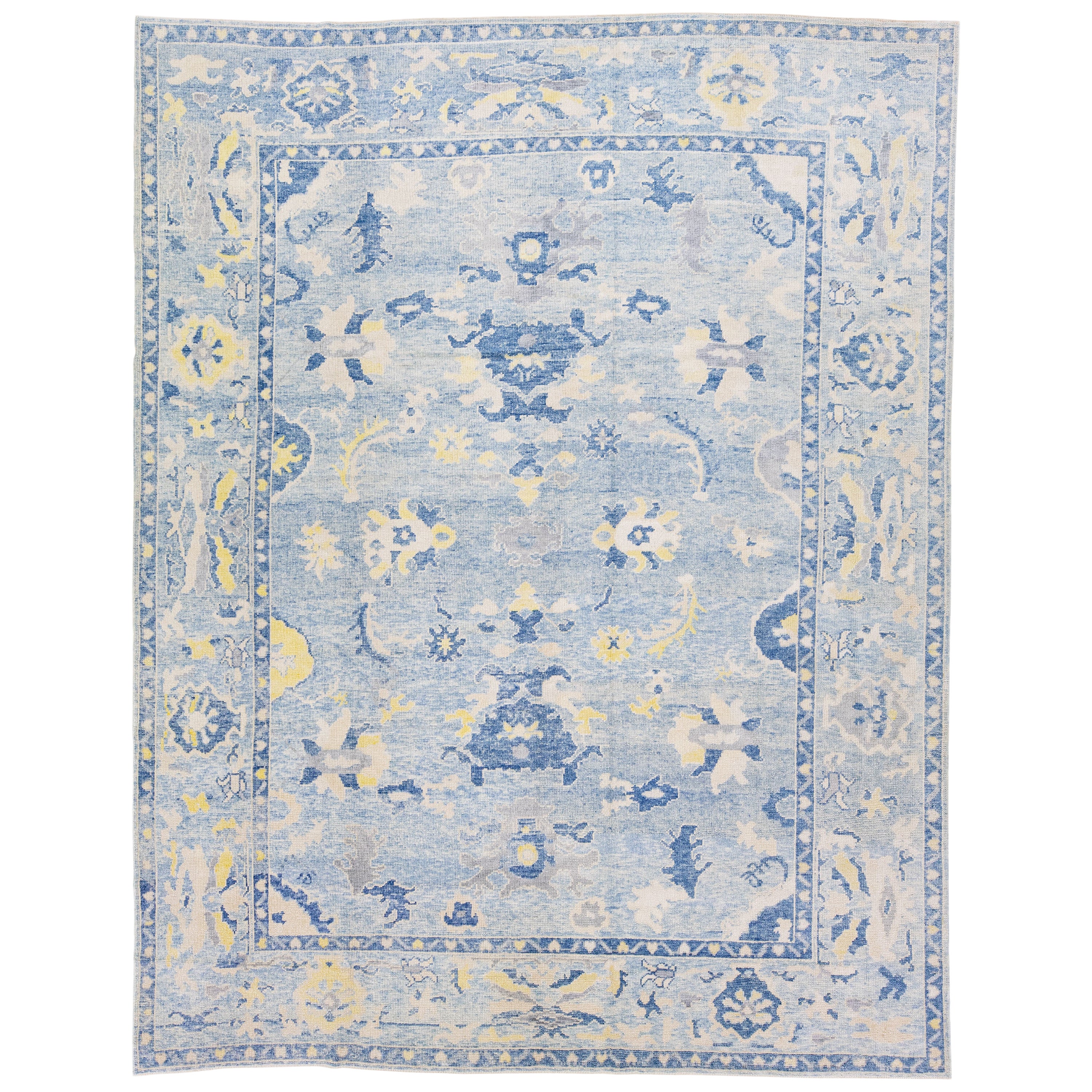 Contemporary Handmade Turkish Oushak Wool Rug with Blue Floral Pattern For Sale