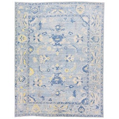 Contemporary Handmade Turkish Oushak Wool Rug with Blue Floral Pattern
