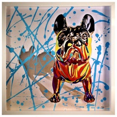 Frenchie Shadowbox Print Blue Splatter Paint Signed Krista Reay Berman