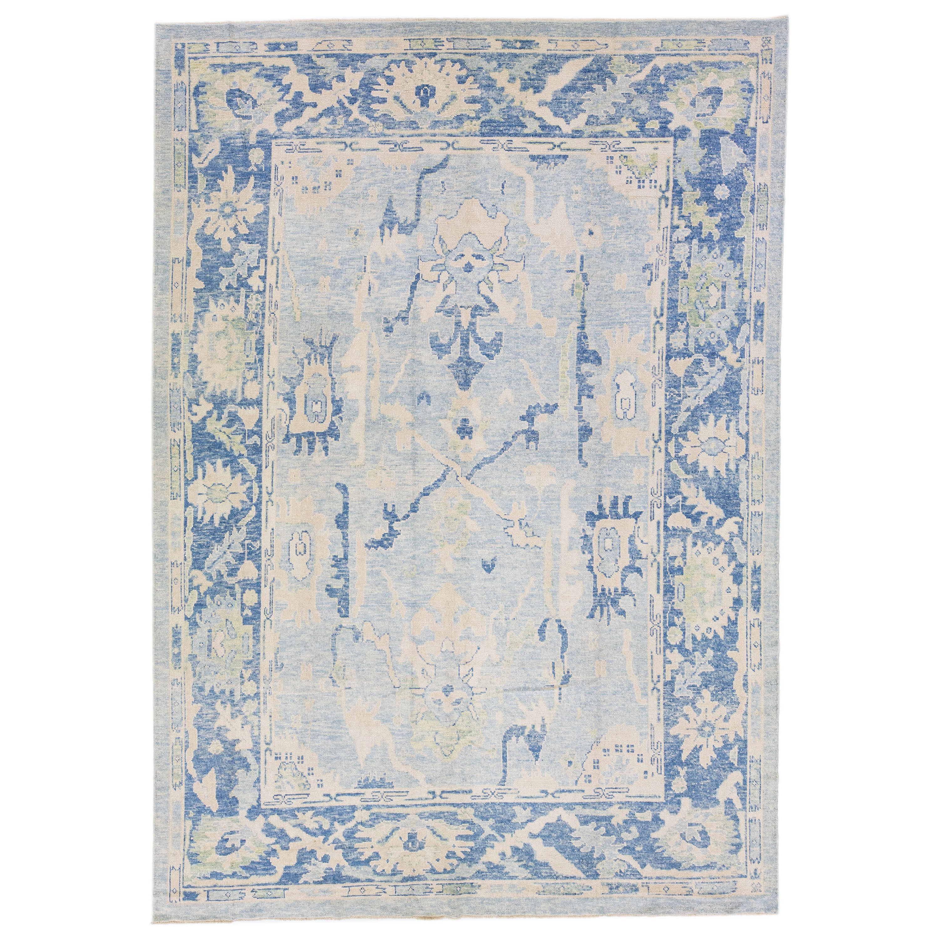 Modern Turkish Oushak Light Blue Handmade Wool Rug with Floral Pattern