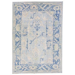 Modern Turkish Oushak Light Blue Handmade Wool Rug with Floral Pattern