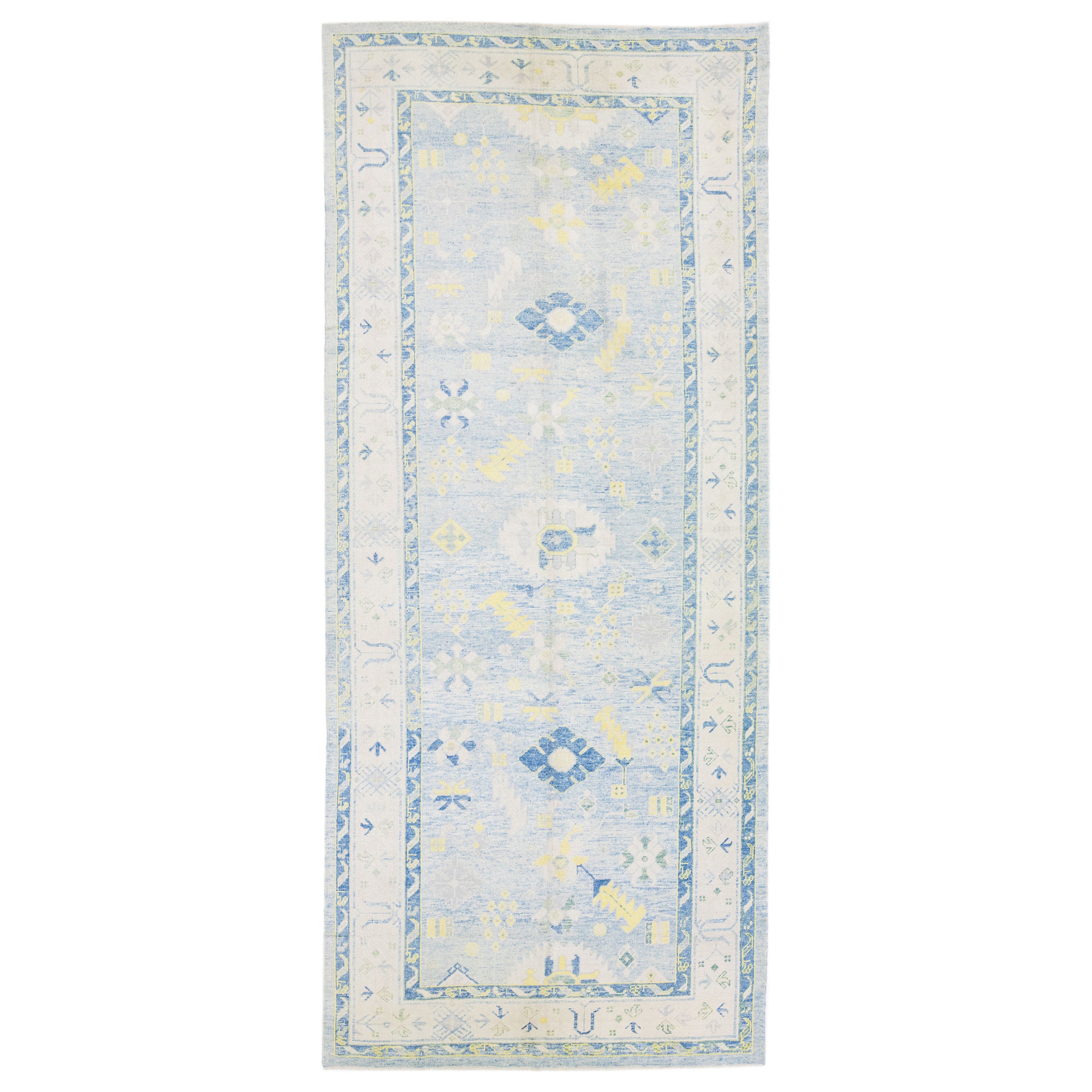 Modern Turkish Oushak Handmade Gallery Wool Rug with Yellow & Green Floral Motif For Sale