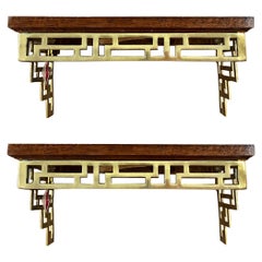 Chinese Chippendale Style Brass & Wood Decorative Crafts Wall Brackets, Pair