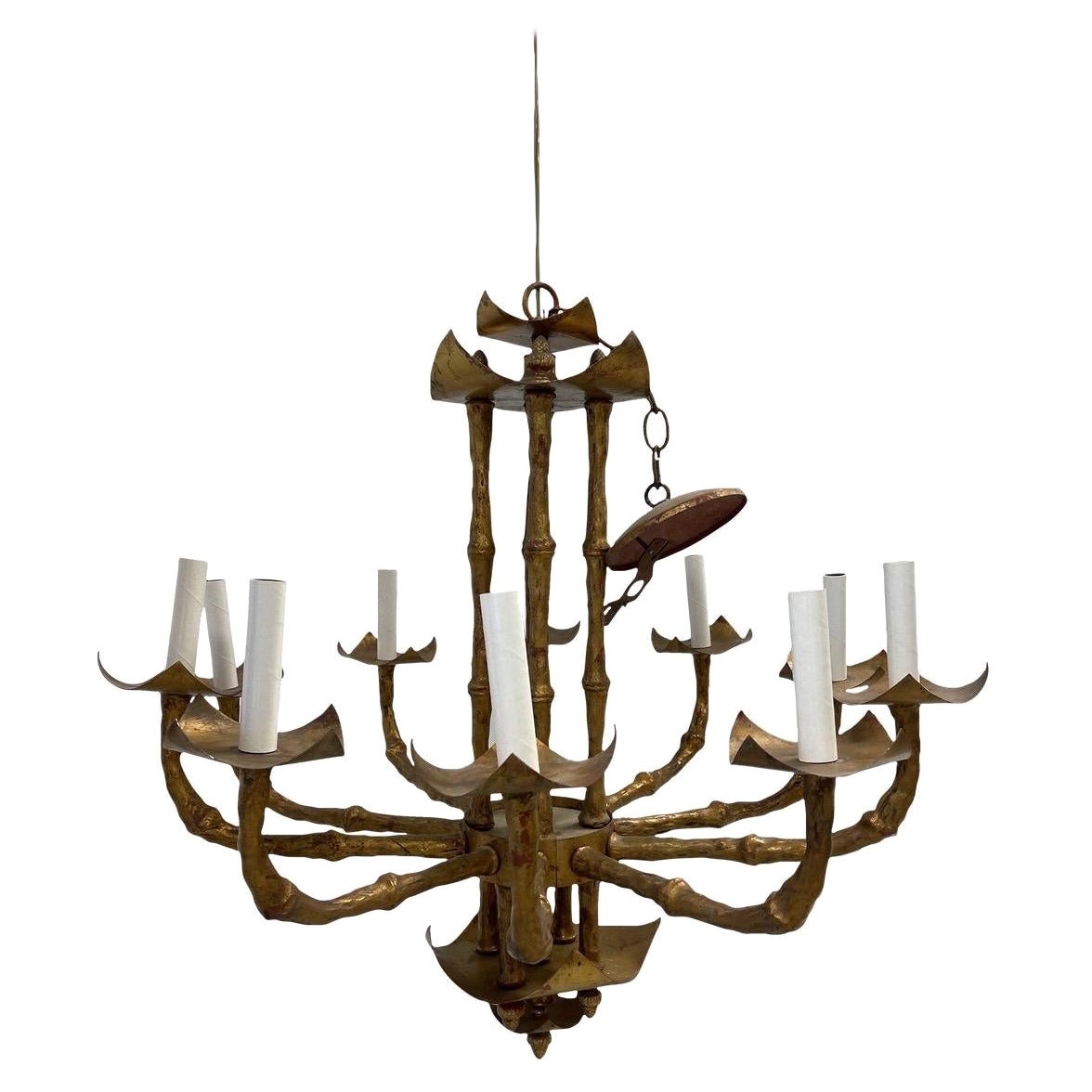 Vintage Italian Faux Gilt Bamboo Chinoiserie 10 Light Chandelier For Sale