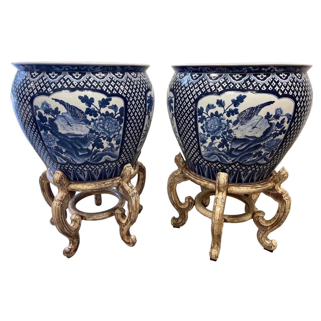 Pair, Opposing Chinese Export Style Blue and White Jardinieres on Stands