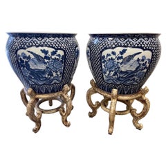 Antique Pair, Opposing Chinese Export Style Blue and White Jardinieres on Stands