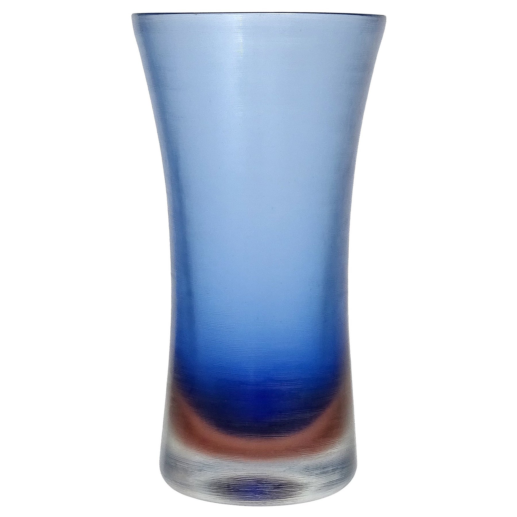 Vase à fleurs en verre d'art italien signé Murano, bleu, technique Inciso