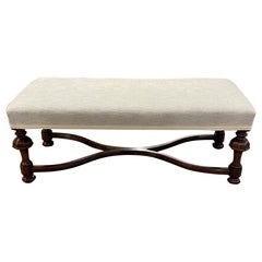 19th Century English Jacobean Carved Walnut Upholstered Bench