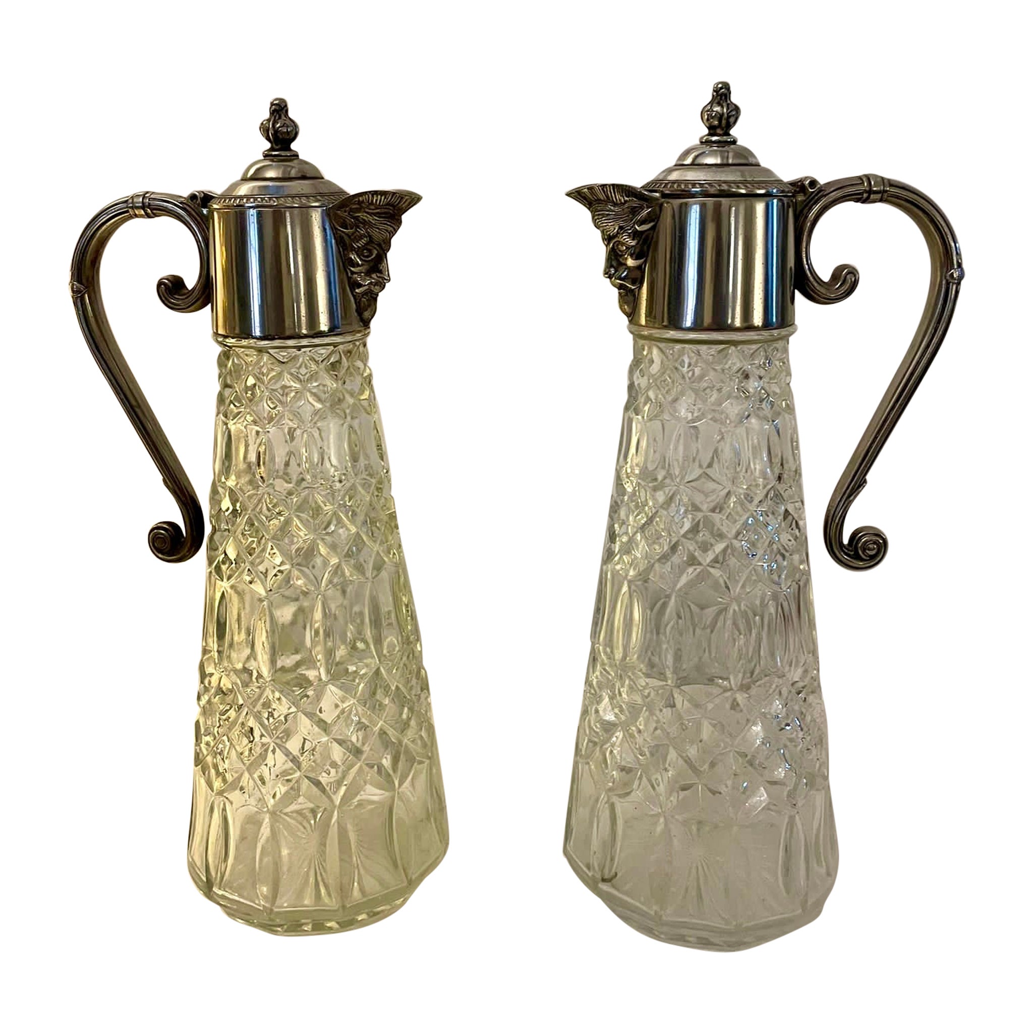 Pair of Antique Edwardian Quality Silver Plated and Cut Glass Claret Jugs For Sale