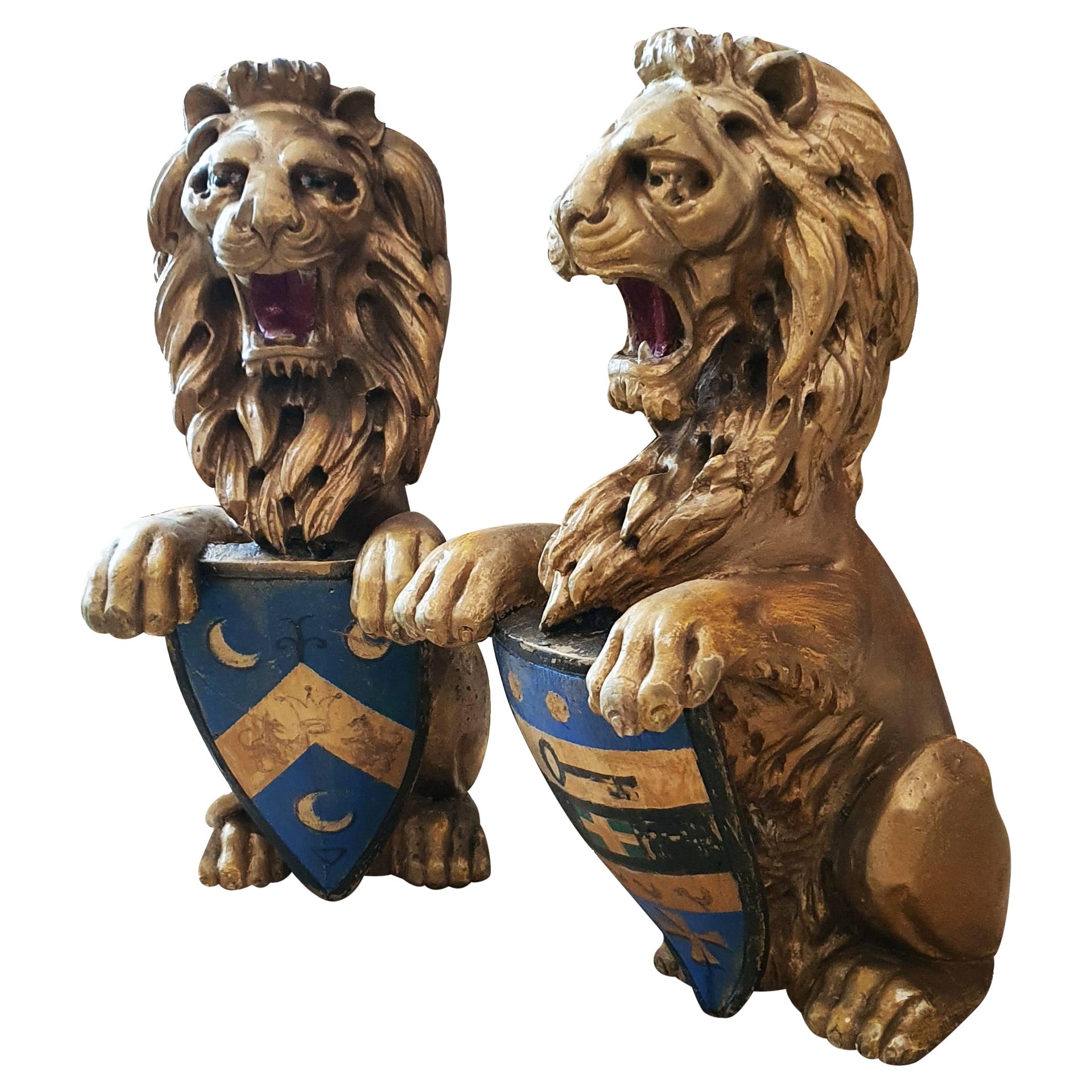 Impressive Pair of Carved Giltwood 18th C. Armorial Lions Rampant Bearing Shield
