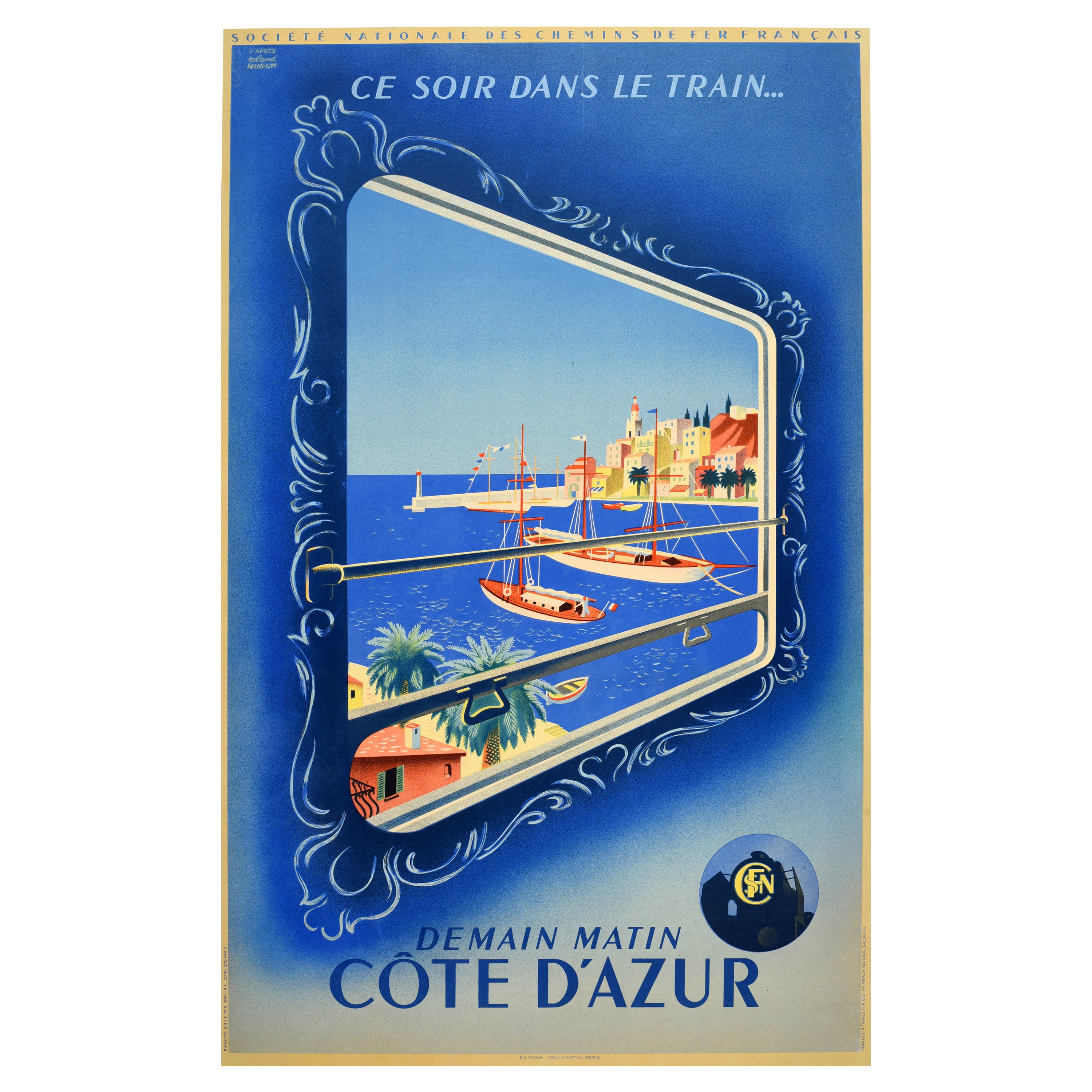 Affiche vintage d'origine Ce Soir dans le train Côte d'Azur, Côte d'Azur