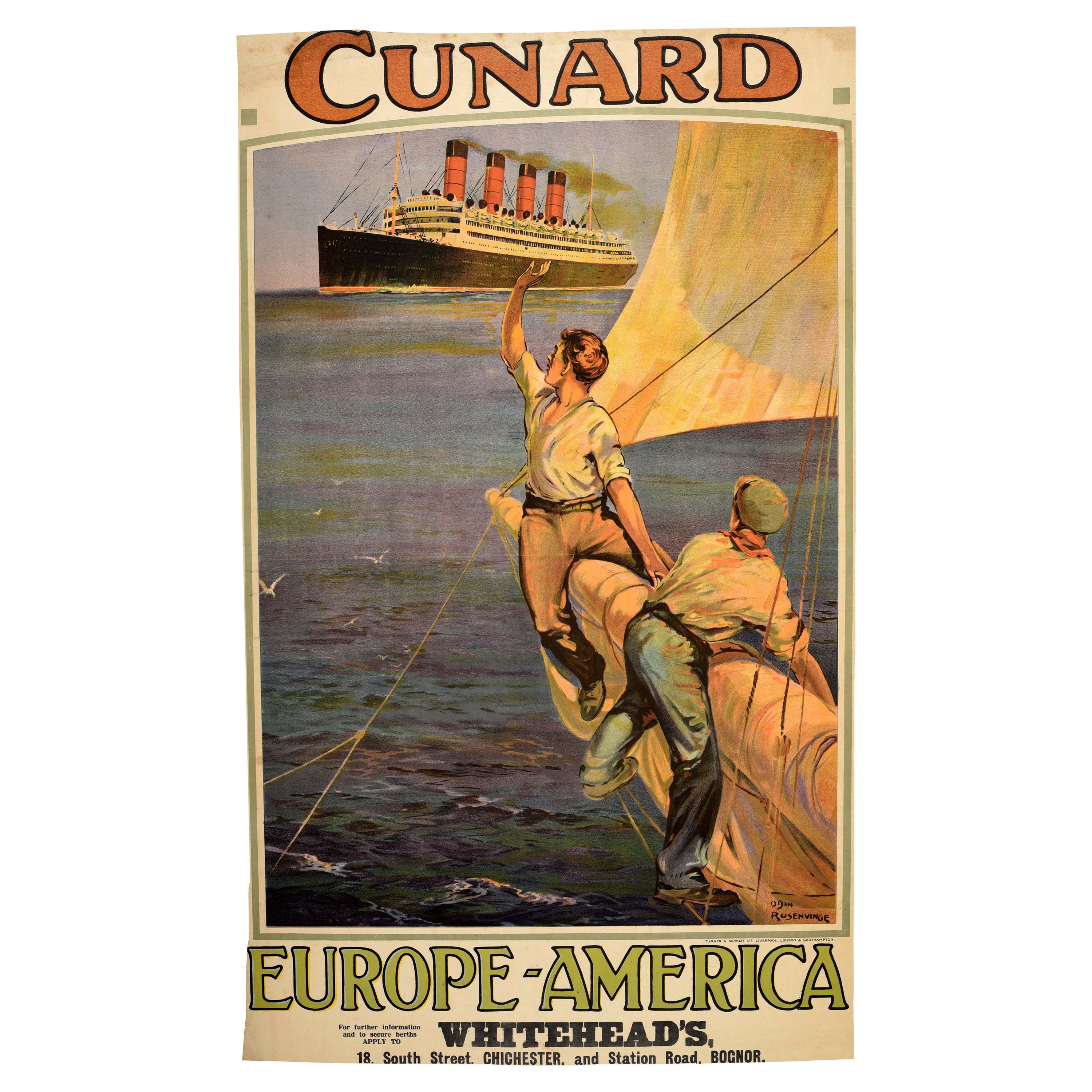 Affiche de voyage originale et ancienne Cunard Europe Amérique Aquitania Voilier de ligne