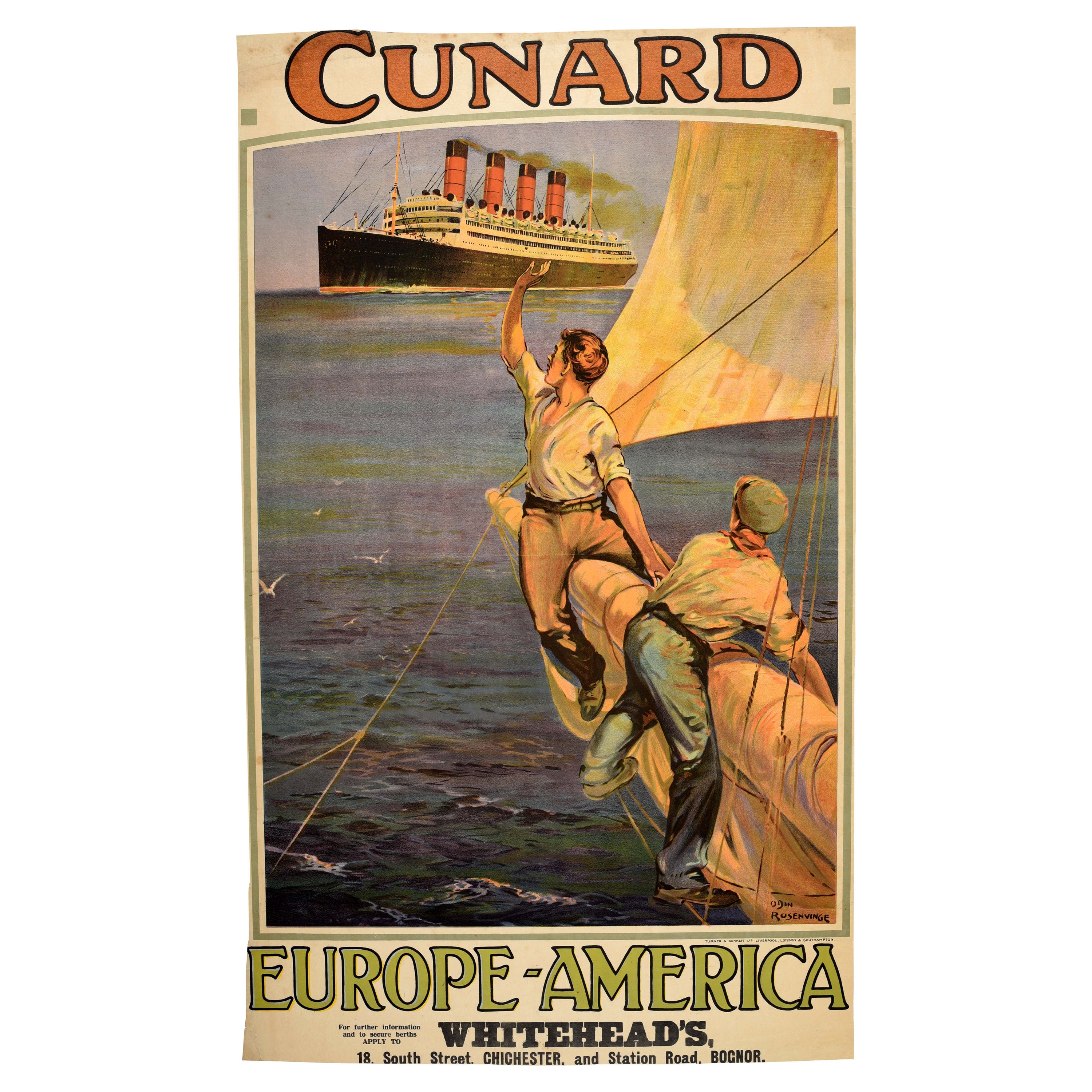 Cartel de Viaje Antiguo Original Cunard Europe America Aquitania Ocean Liner Ship