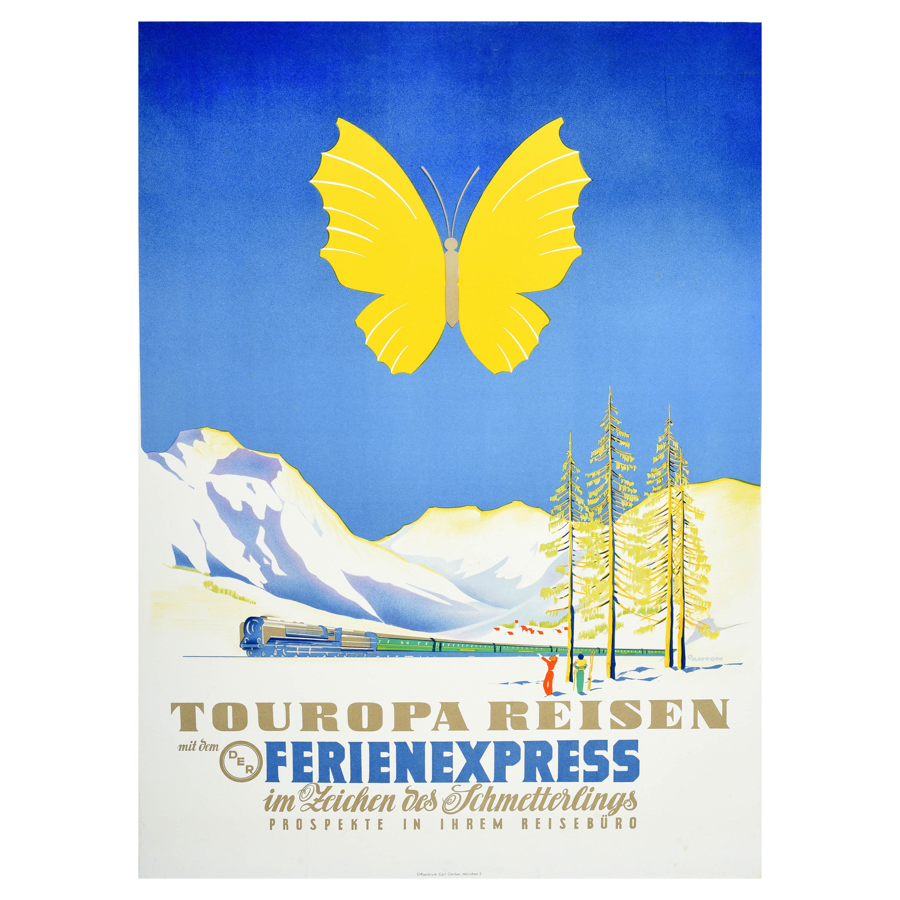 Original Vintage Travel Poster Touropa Winter Sport Express Train Butterfly Art For Sale
