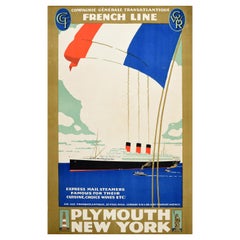 Original Vintage Travel Poster French Line Cruise Ship Plymouth New York Steamer