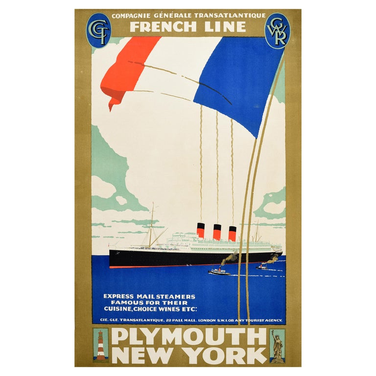Original Vintage Travel Poster French Line Cruise Ship Plymouth New