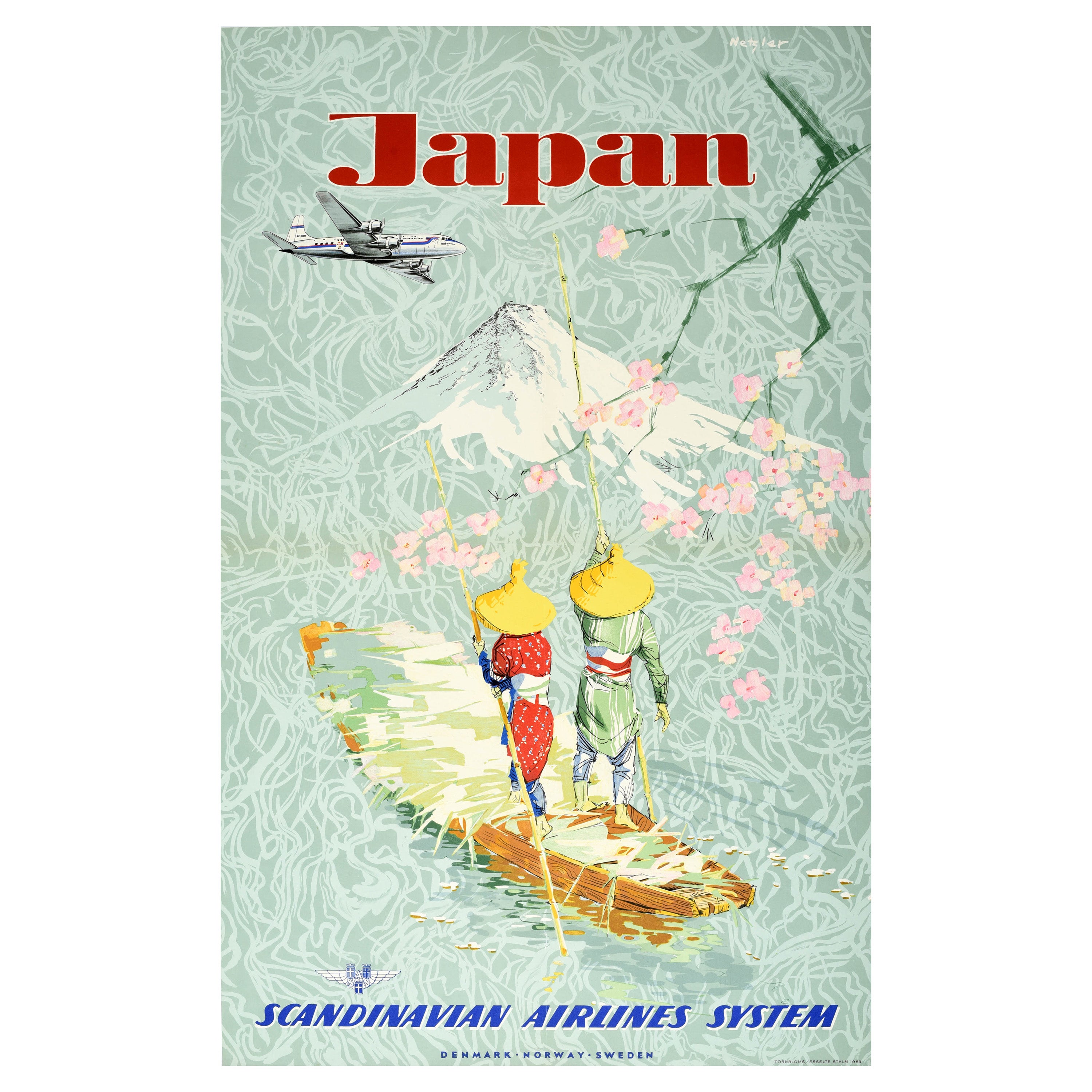 Original Vintage Poster Japan SAS Scandinavian Airline Travel Mount Fuji Blossom For Sale