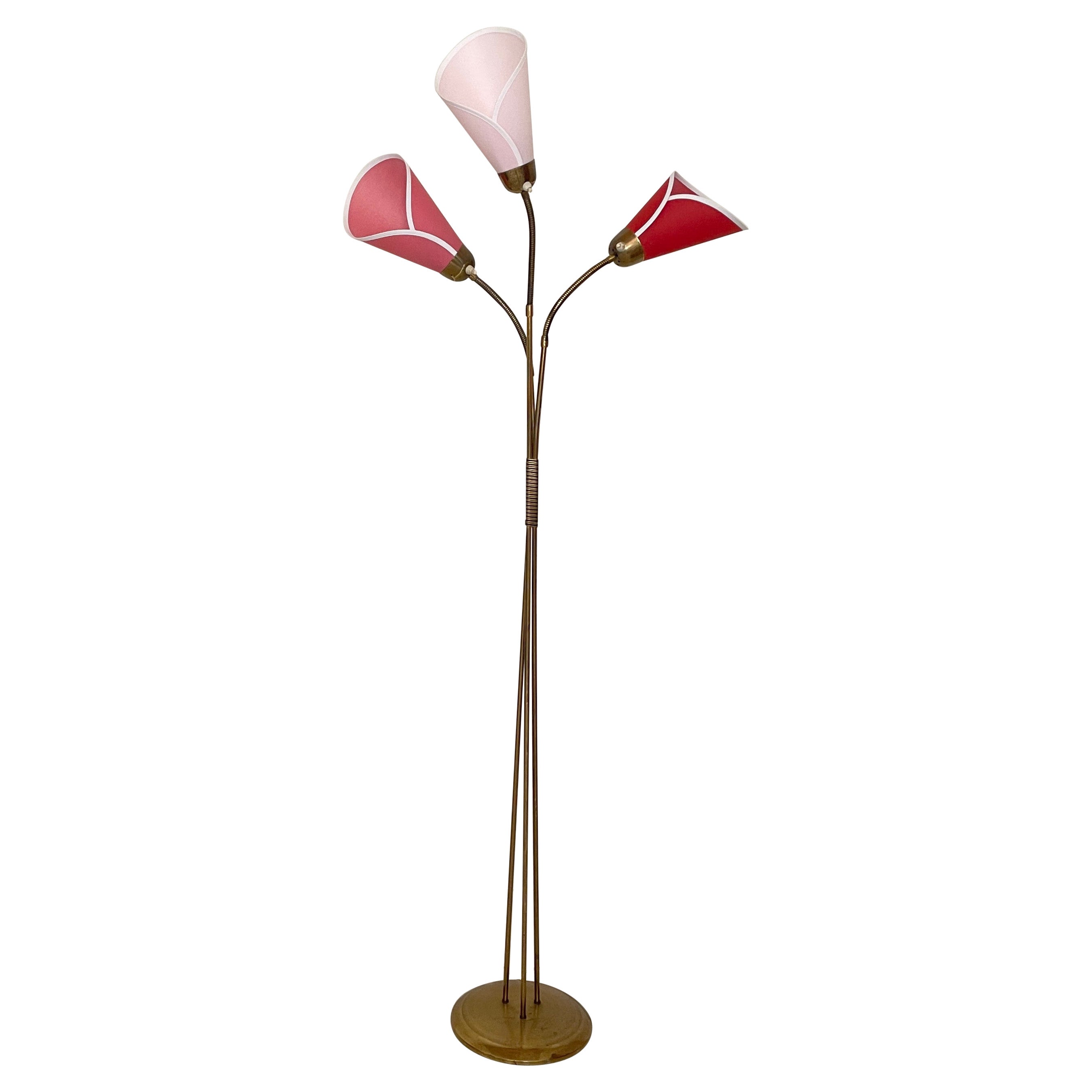 Mid-Century Floor Lamp in Brass with Three Movable Arms, 1952 For Sale