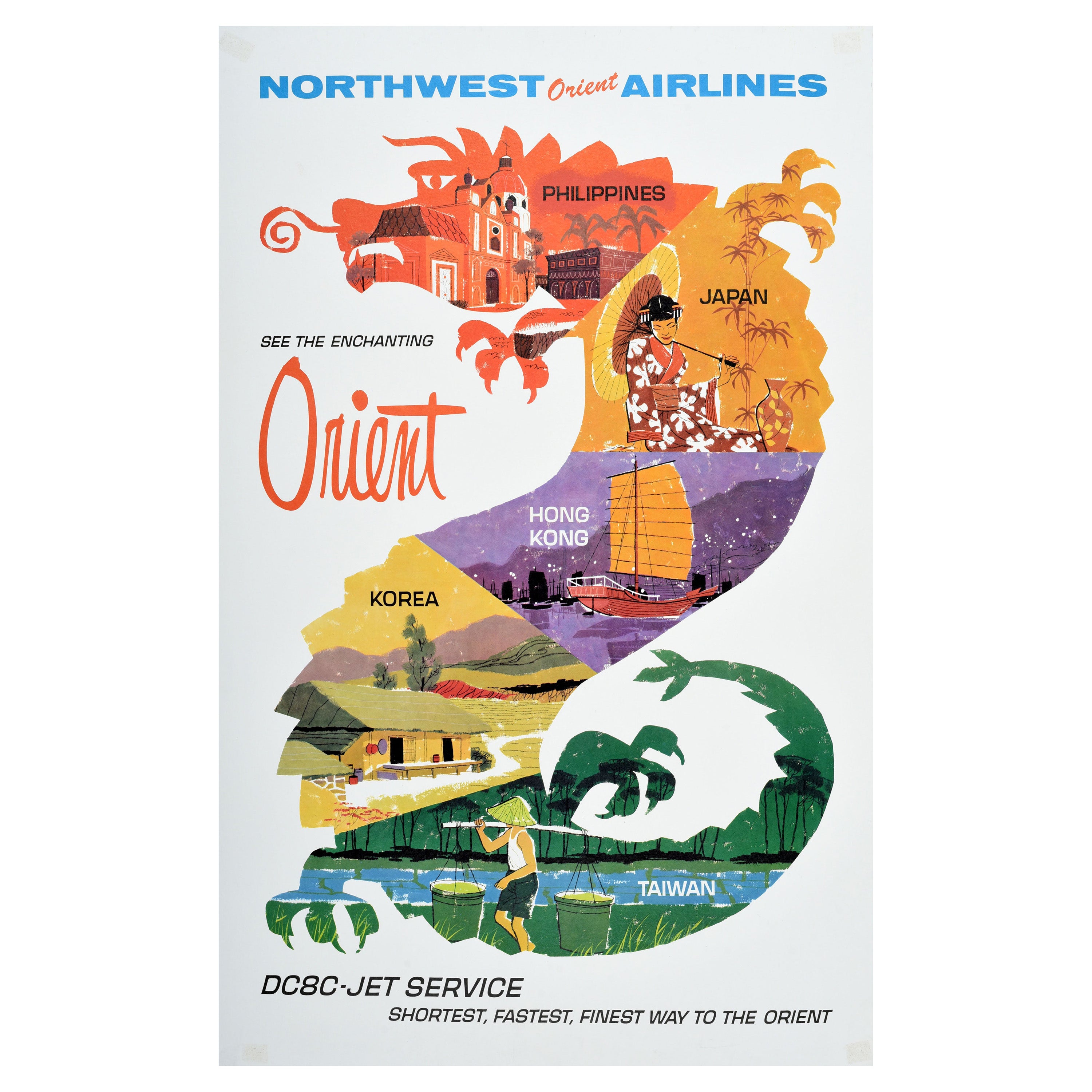 Original Vintage Travel Poster Northwest Orient Airlines DC8C Jet Dragon Design For Sale