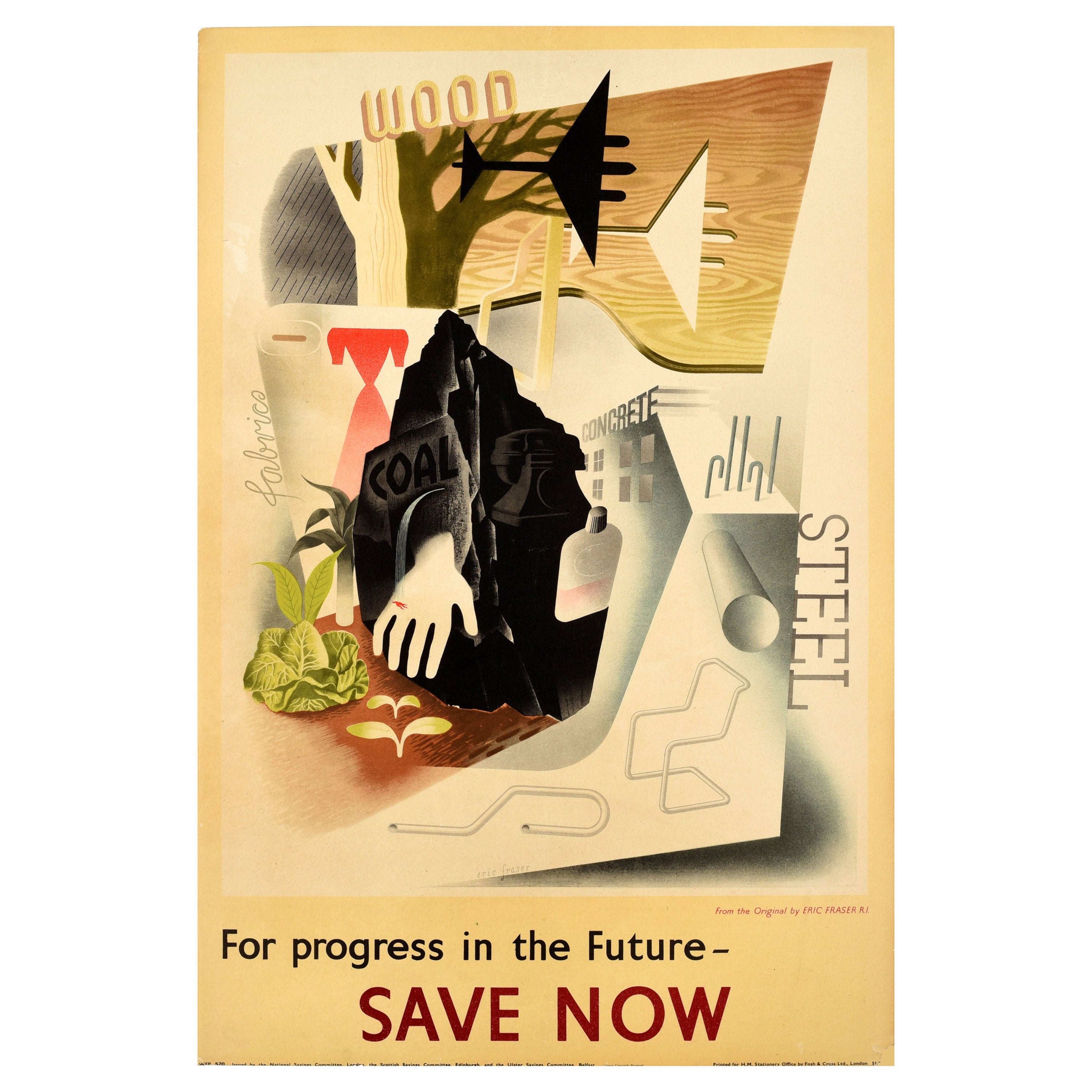 Original Vintage WWII Poster Future Progress Savings Industry Modernism Design For Sale