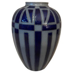 Vase Art Déco français du 20ème siècle en grès bleu et gris, années 1930