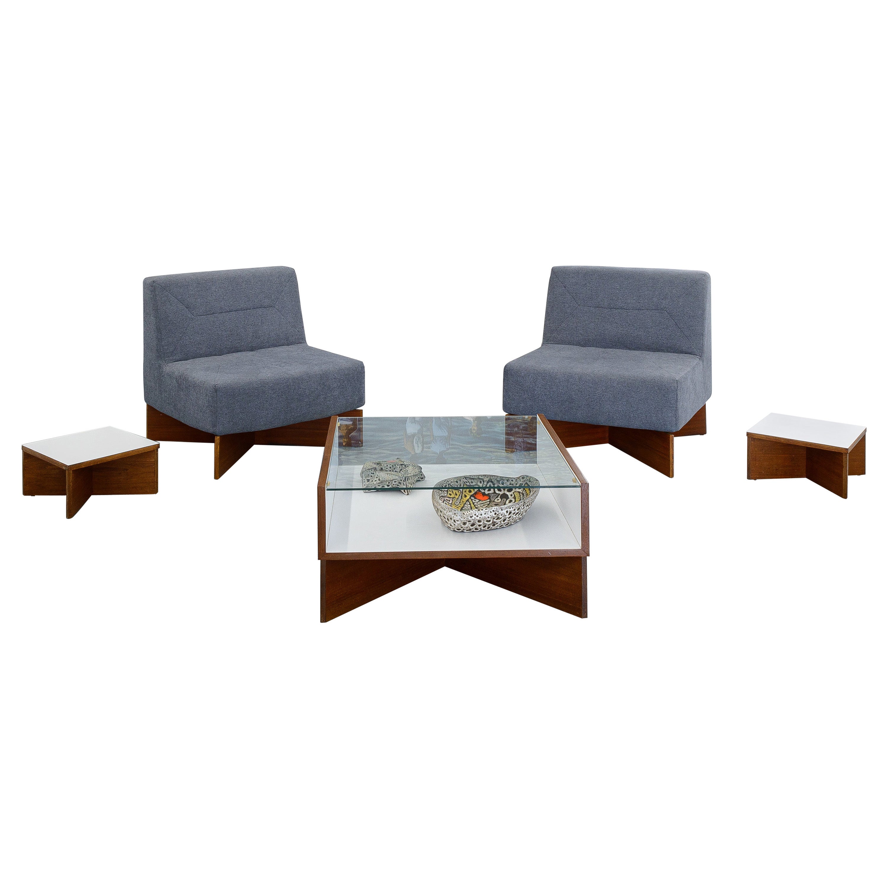 Set of Furniture by Pierre Guariche, Low Table, 2 Armchairs and 2 Side Tables For Sale