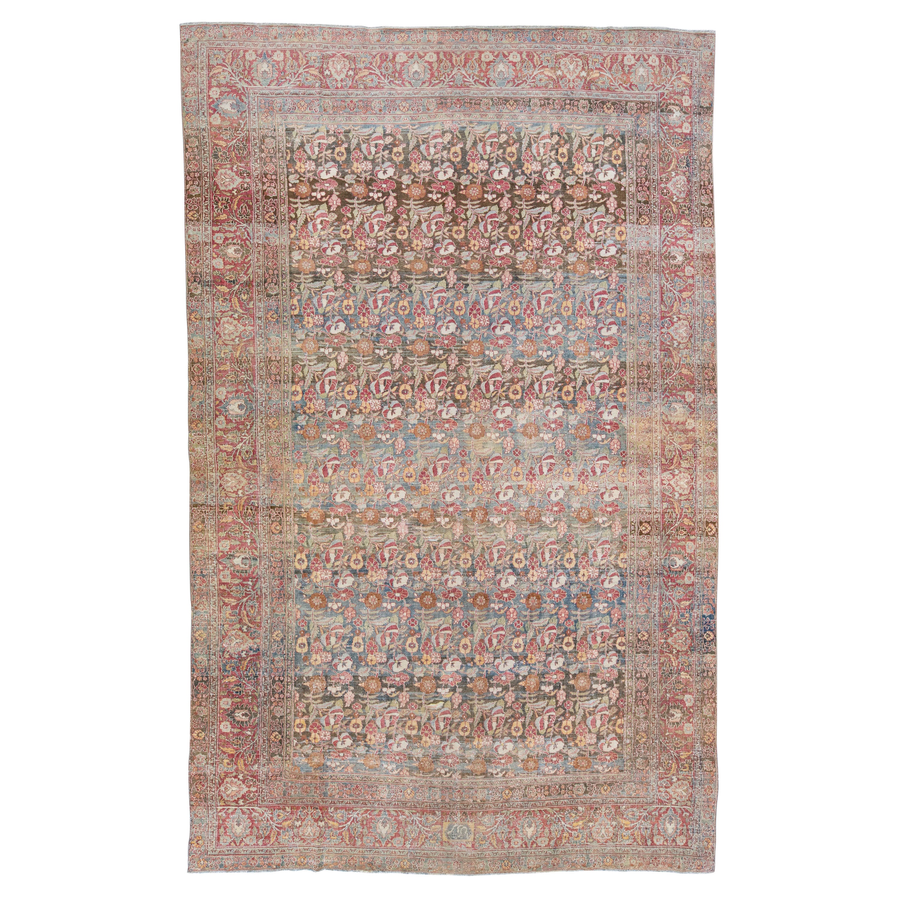 Allover Floral Handgefertigter antiker Mahal-Wollteppich in Erdtönen