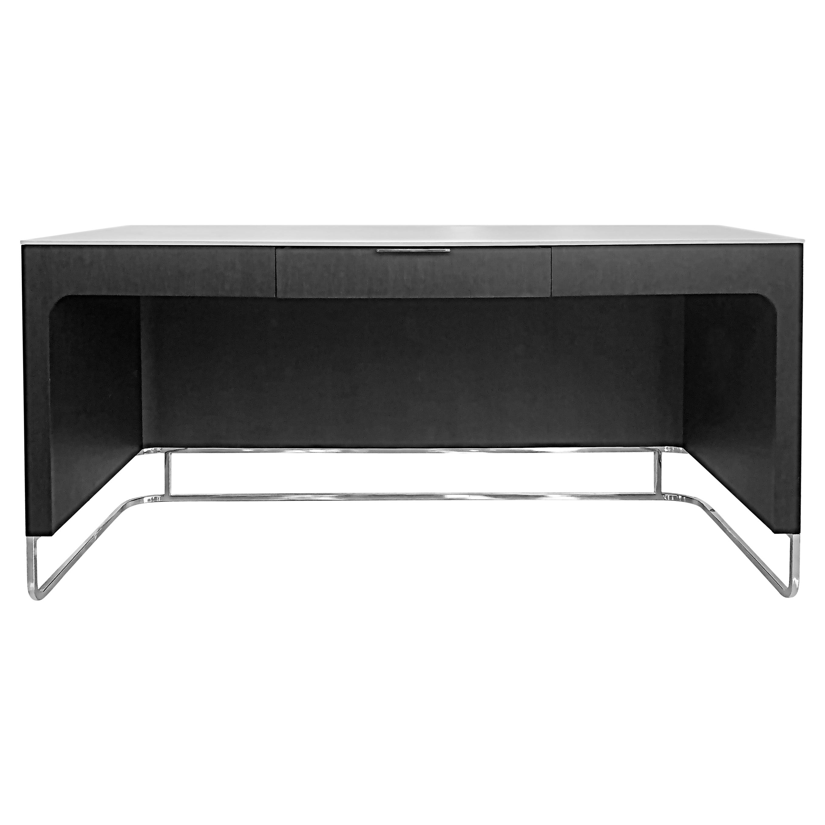 Ebonized Contemporary Desk in Wood, Chrome, Glass Top, 21st-Century For Sale