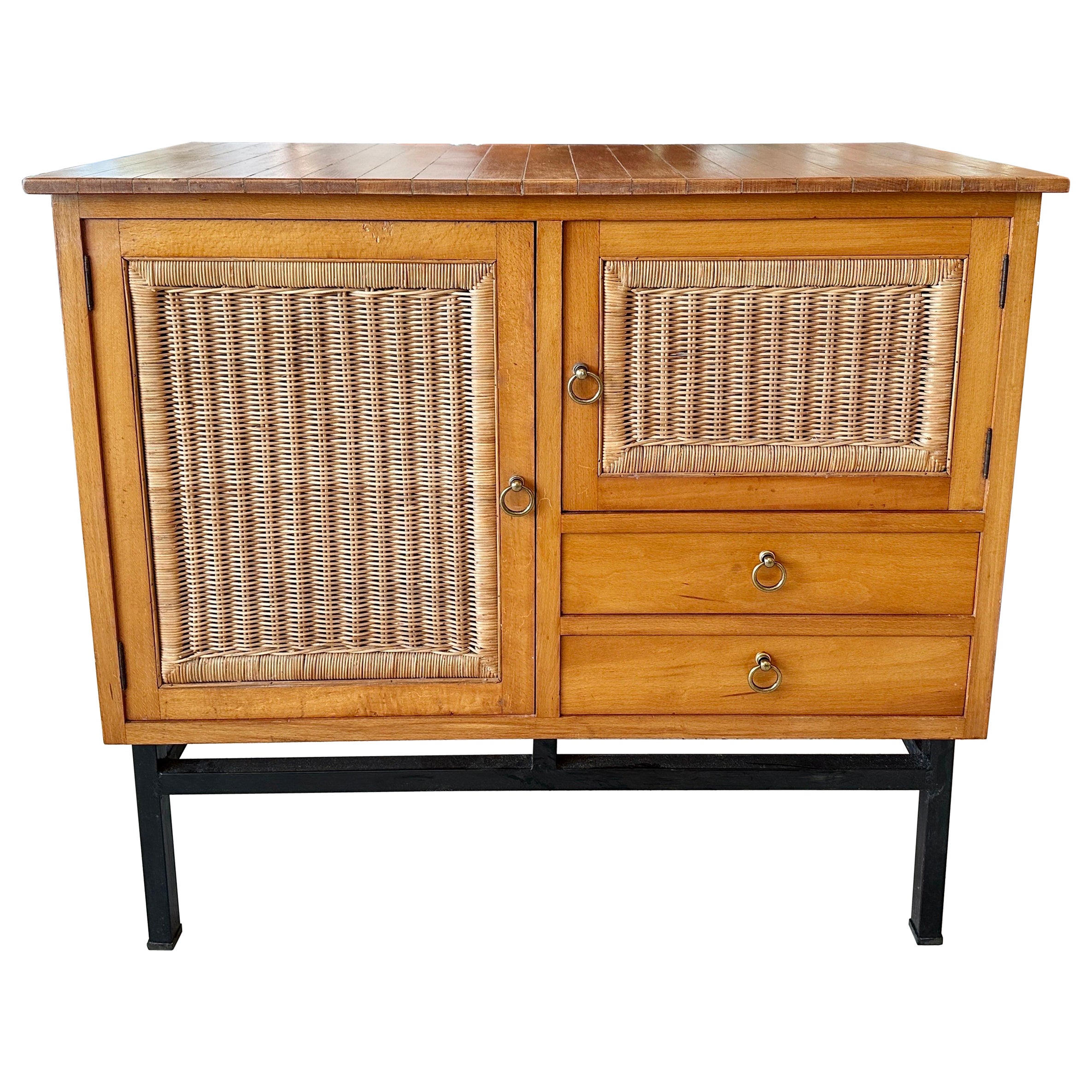 1960's Jacques Adnet Style French Walnut and Wicker Cabinet