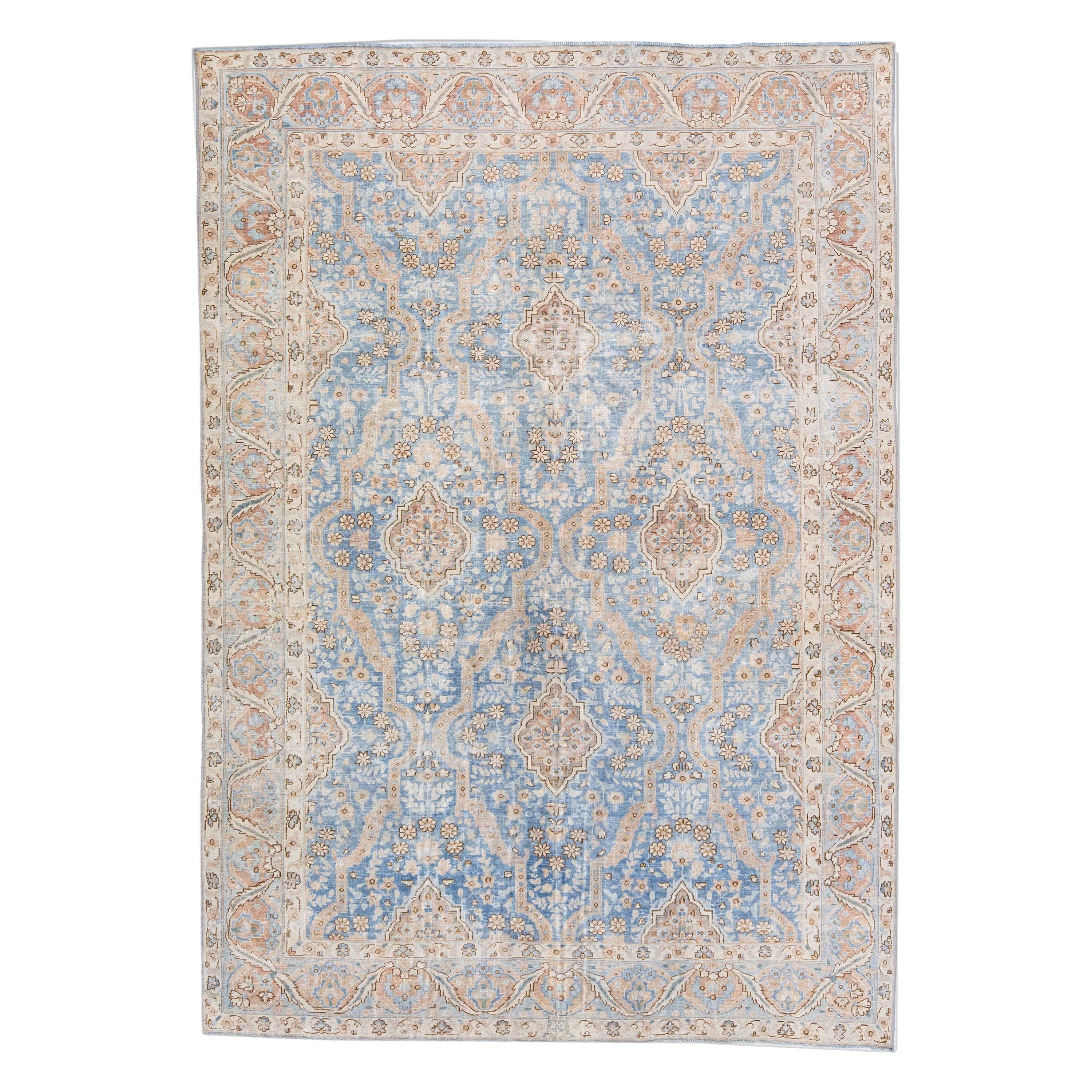 Antique Handmade Blue Persian Tabriz Wool Rug with Allover Motif