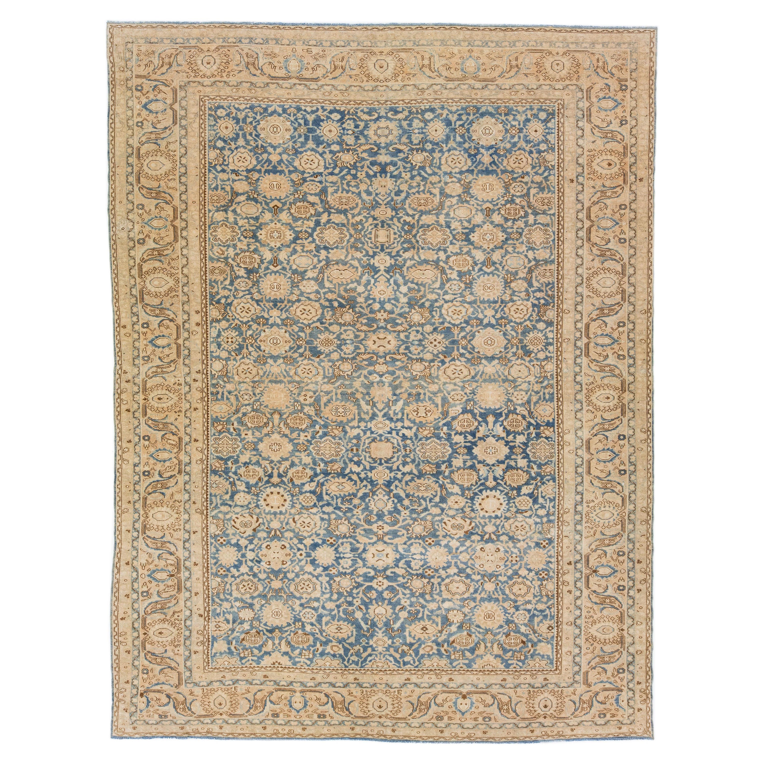 Floral Handmade Antique Persian Malayer Room Size Wool Rug in Blue For Sale