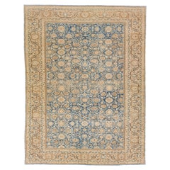 Floral Handmade Antique Persian Malayer Room Size Wool Rug in Blue