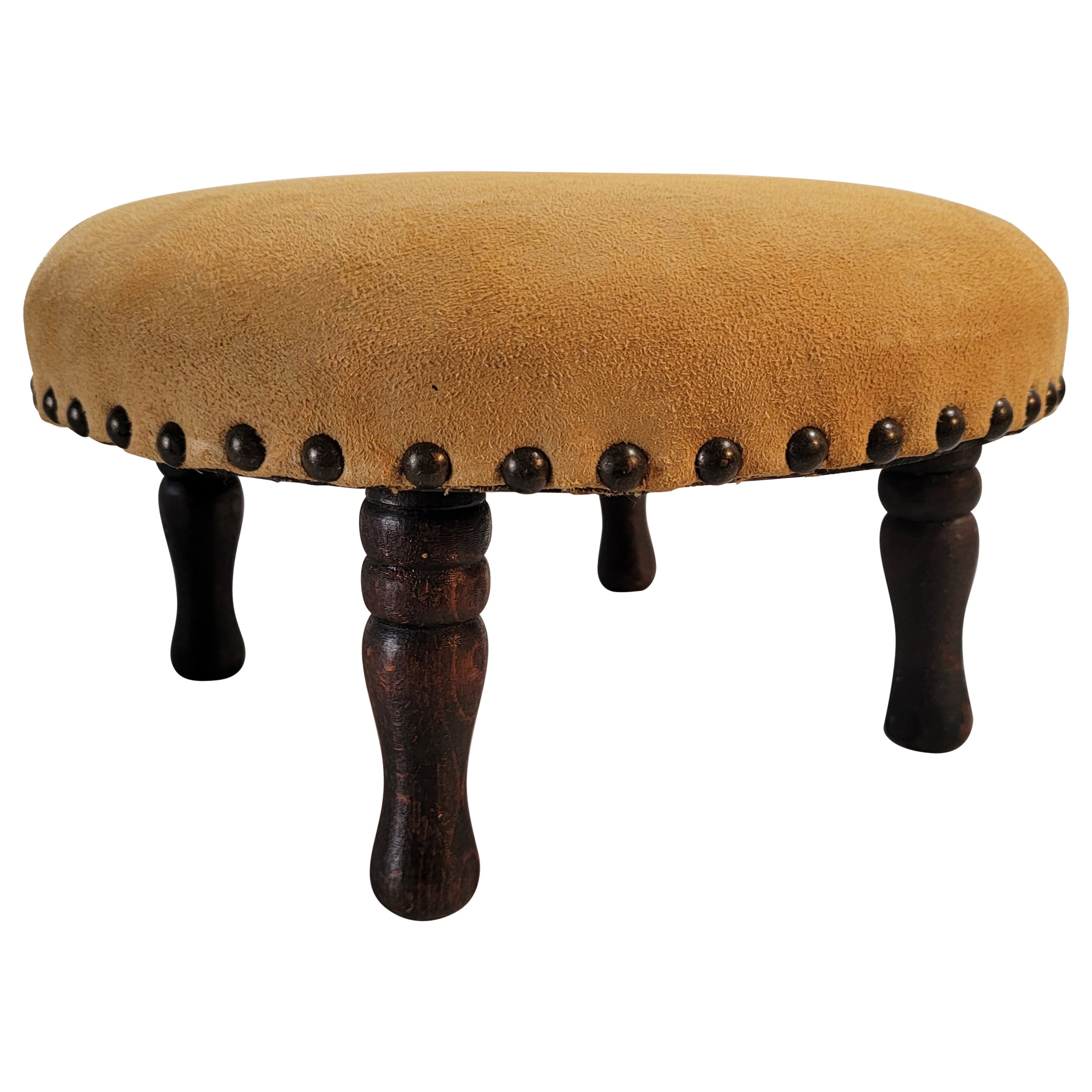 19thc Early Round Stool with Suede Seat For Sale