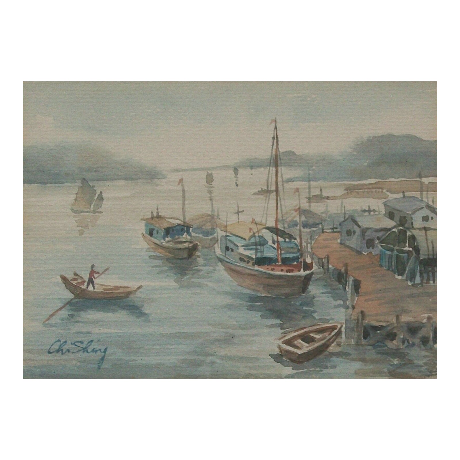 Chi Shing, „River Boats I“, gerahmtes Aquarellgemälde, China, Mitte des 20. Jahrhunderts im Angebot