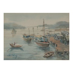 Chi Shing, 'River Boats I', Framed Watercolor Painting, China, Mid-20th C