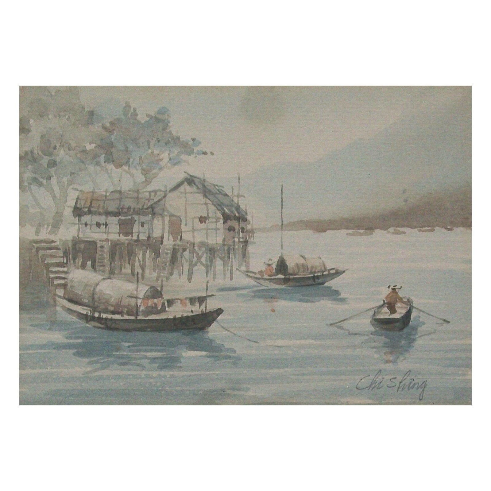 Chi Shing, „River Boats II“, gerahmtes Aquarellgemälde, China, Mitte des 20. Jahrhunderts im Angebot