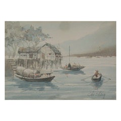 Chi Shing, « River Boats II », peinture à l'aquarelle encadrée, Chine, milieu du 20e siècle