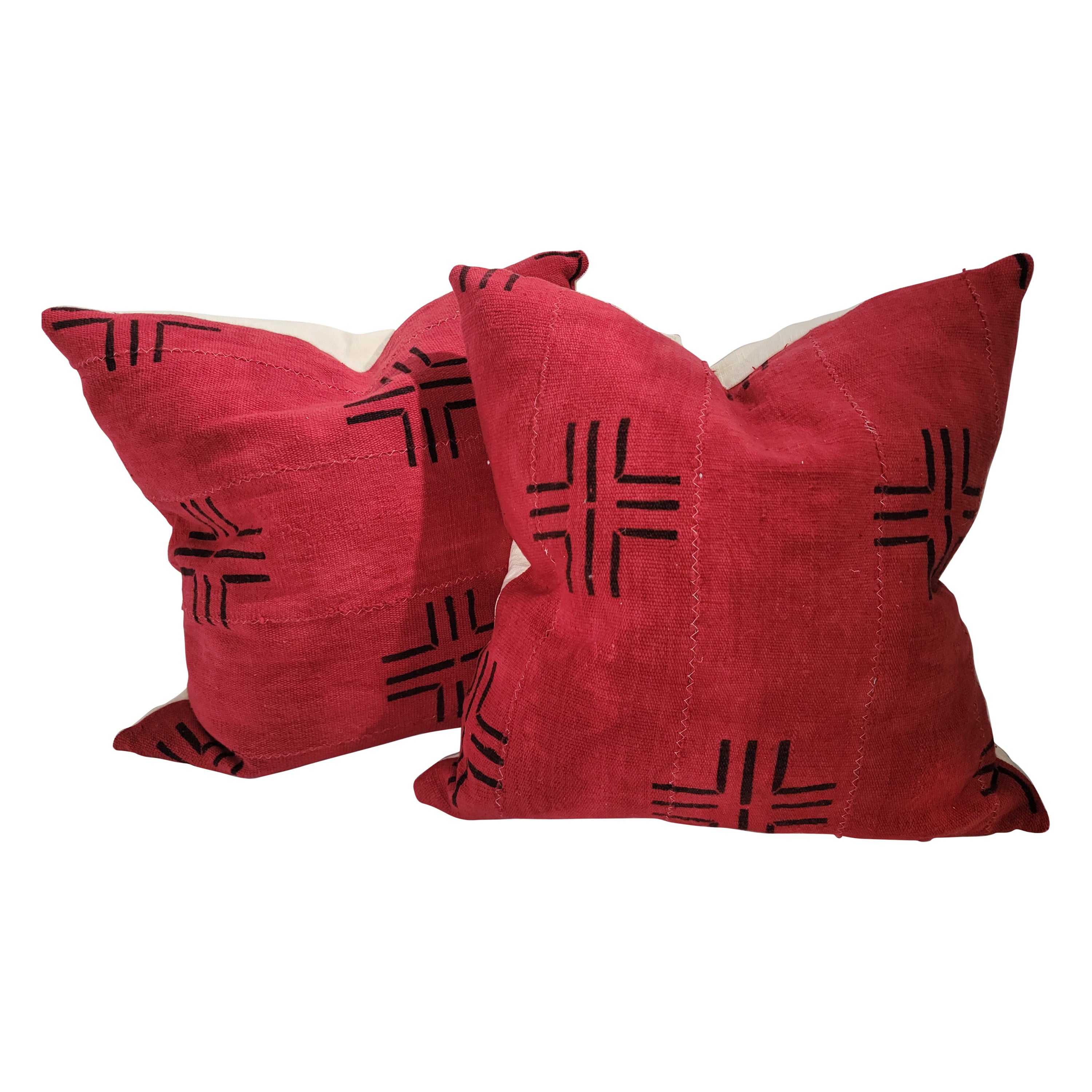 19Thc Oreillers en lin rouge avec motifs noirs -Paire